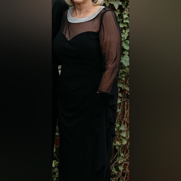 Formal gown, black with rhinestone trim and sheer lace. Alex evening ware. - Picture 1 of 6